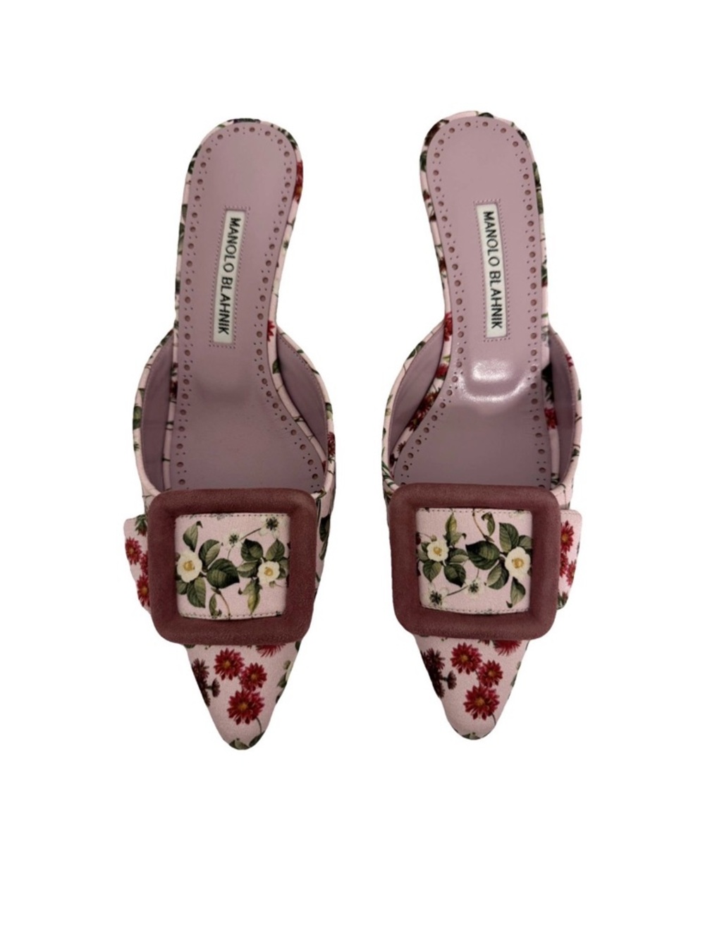 Manolo Blahnik EU 37 Lilac Purple Maysale Satin Floral Suede Trim Buckle Heels
